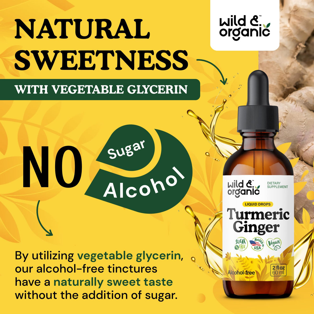Ingrédients du complément Wild & Organic Curcuma et Gingembre sur fond blanc