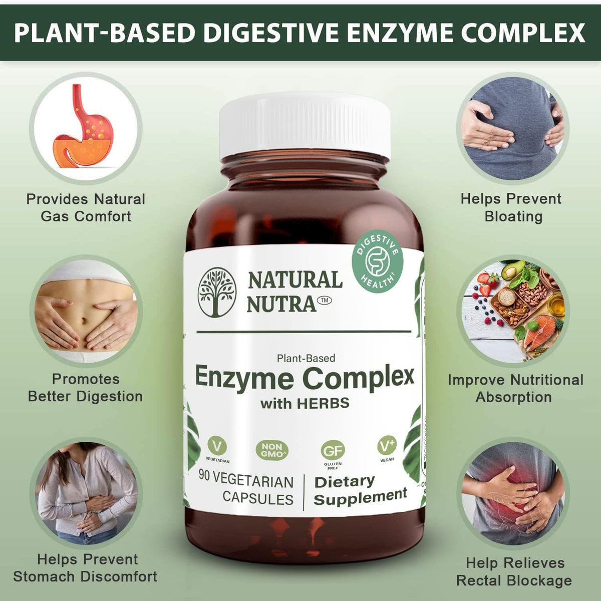 Ingrédients du complexe d'enzymes végétales Natural Nutra, incluant racine de gingembre et graines de fenouil
