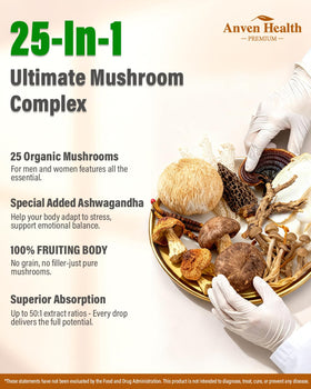 Ingrédients du complexe de champignons 25-en-1 d'Anven Health sur une table