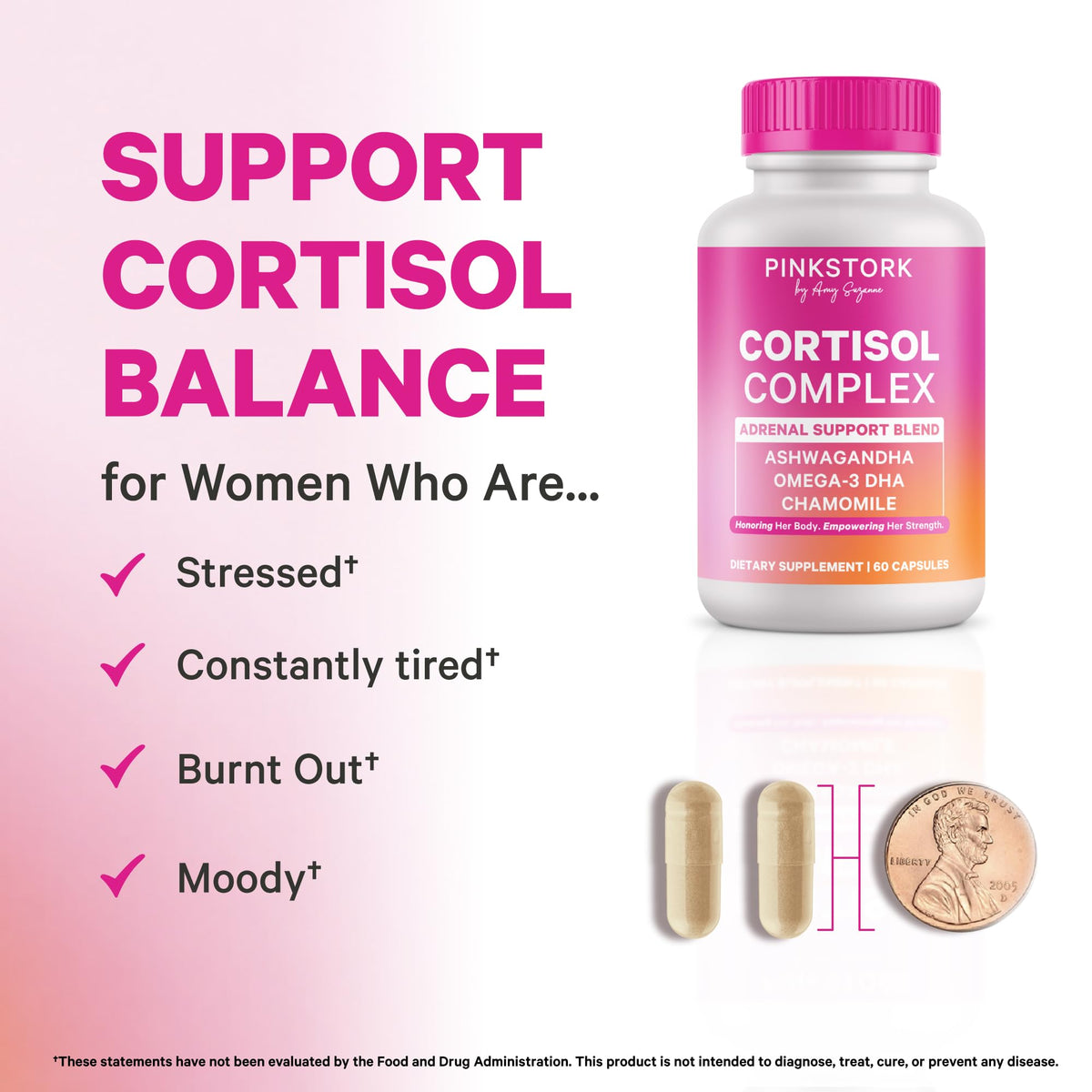 Ingrédients du Complexe de Cortisol Pink Stork sur fond blanc