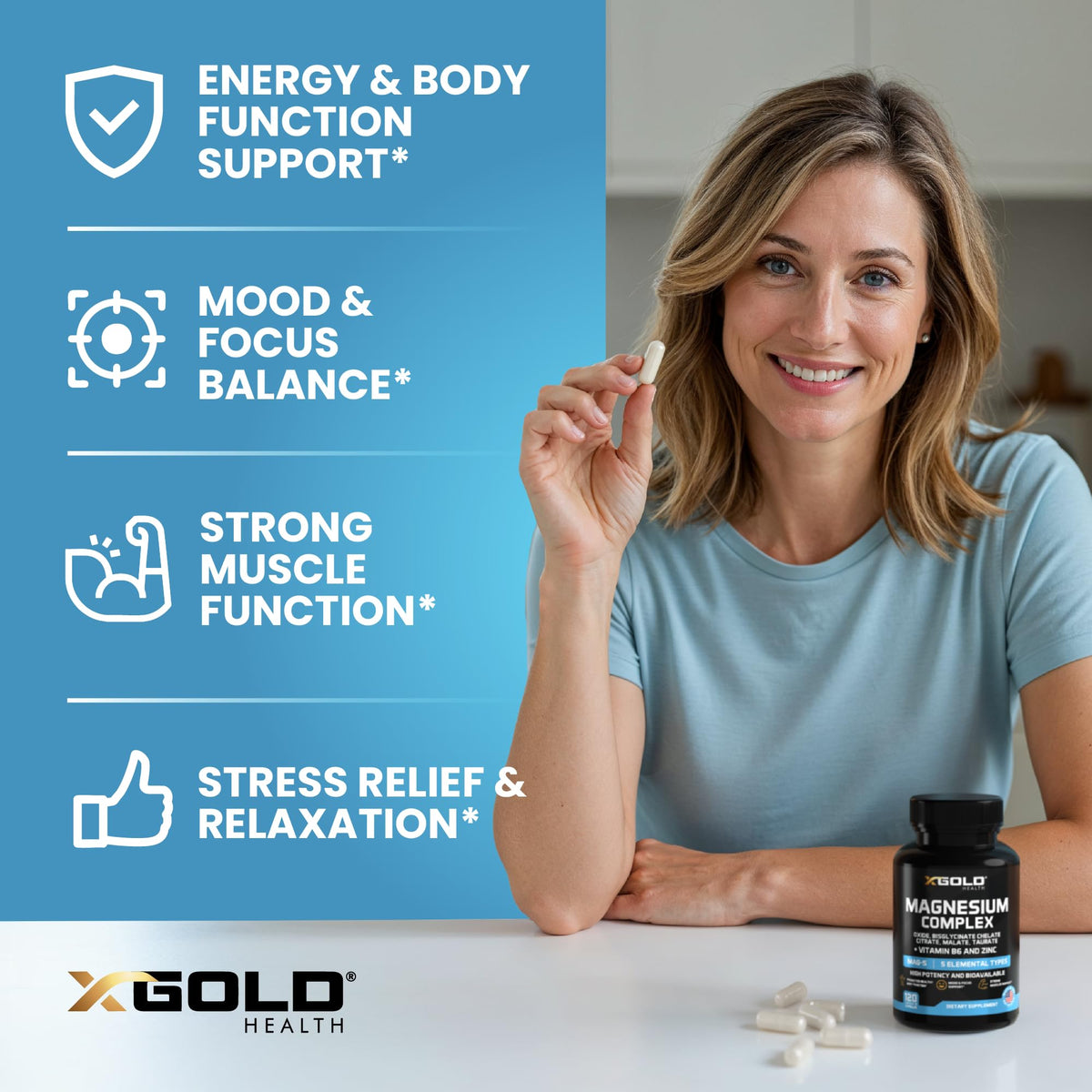 Ingrédients du complexe de magnésium X Gold Health sur une table