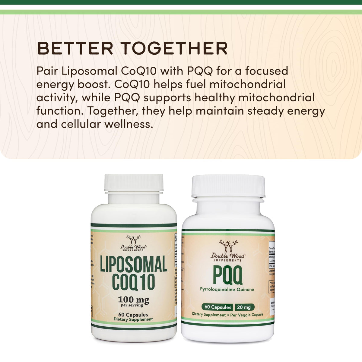 Ingrédients du CoQ10 Liposomal Double Wood sur fond clair