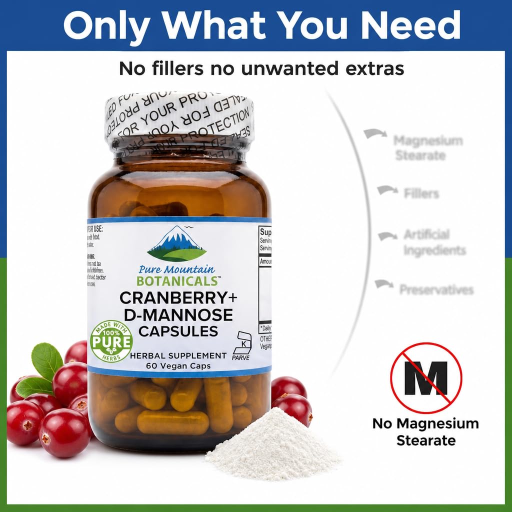 Ingrédients du D Mannose, cranberry et vitamine C sur fond neutre