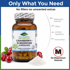 Ingrédients du D Mannose, cranberry et vitamine C sur fond neutre
