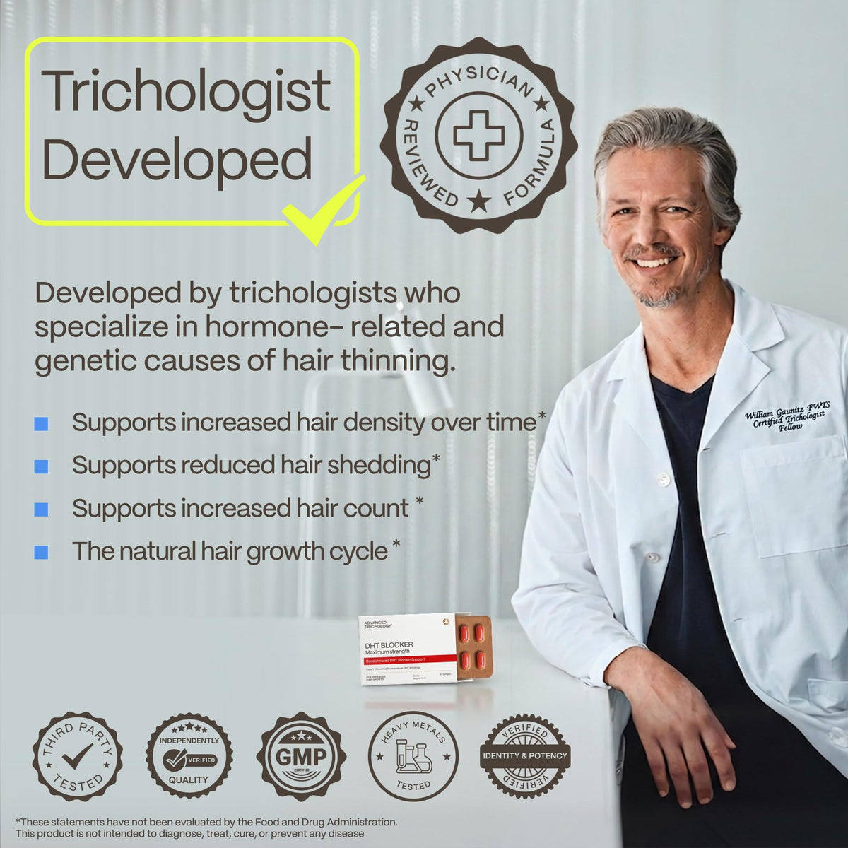 Ingrédients du DHT Blocker Advanced Trichology sur fond blanc