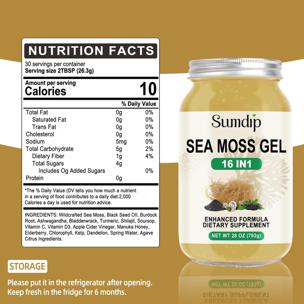 Ingrédients du Gel d'Algue Marine SumDIP sur une table