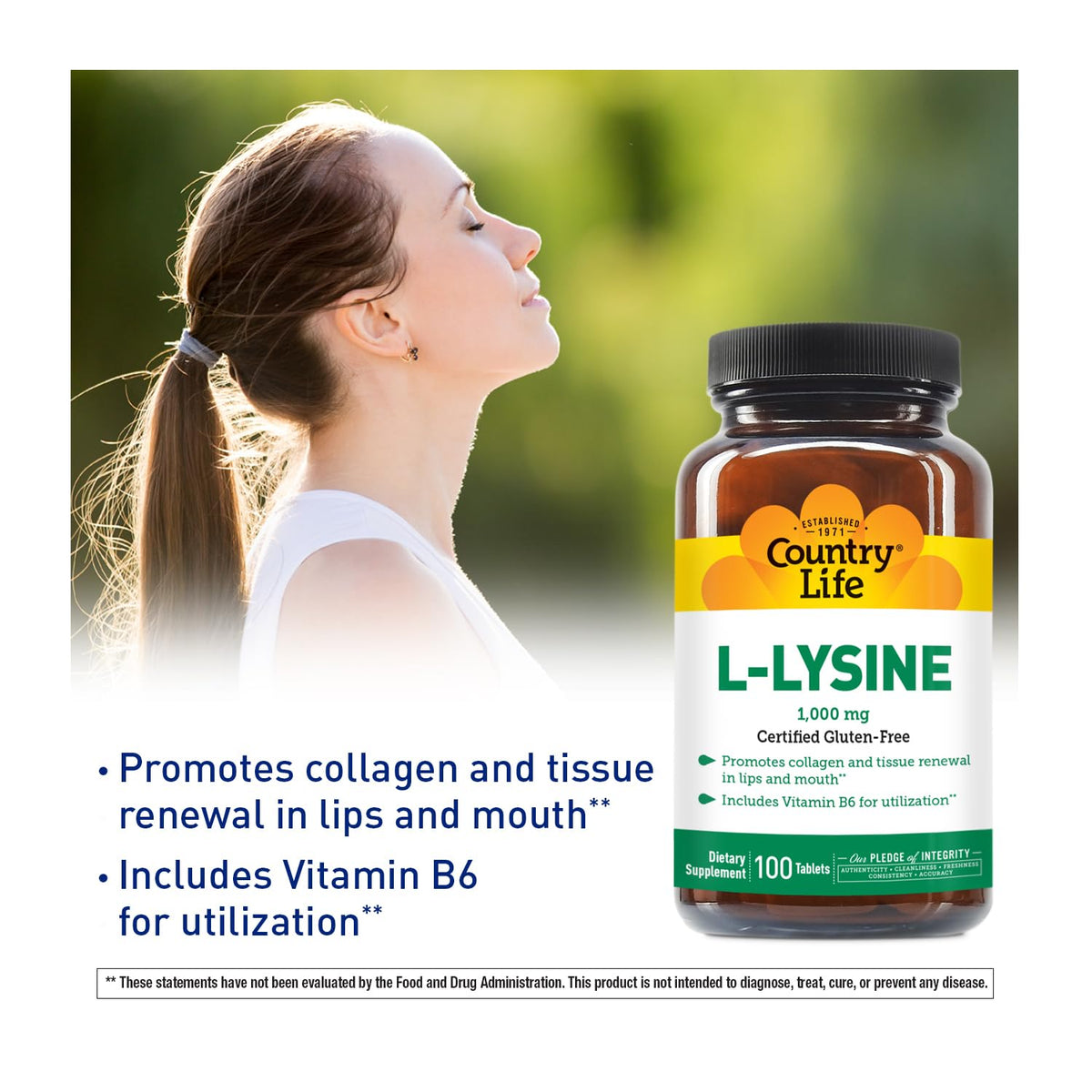 Ingrédients du L-Lysine 1000mg de Country Life sur l'étiquette