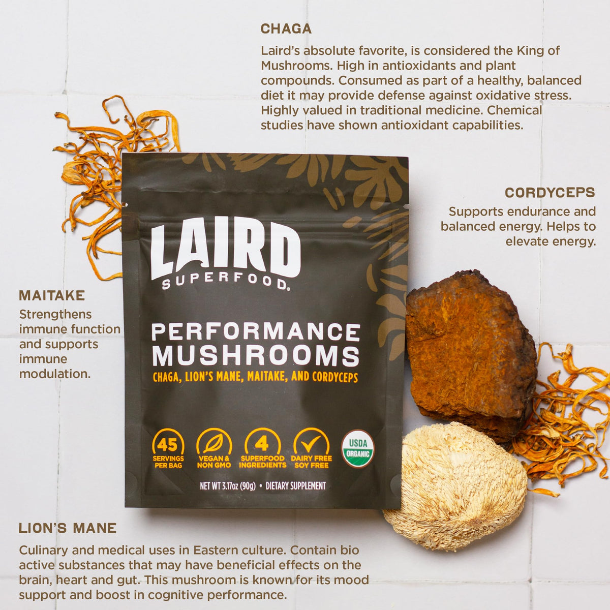 Ingrédients du mélange de champignons bio Laird Superfood