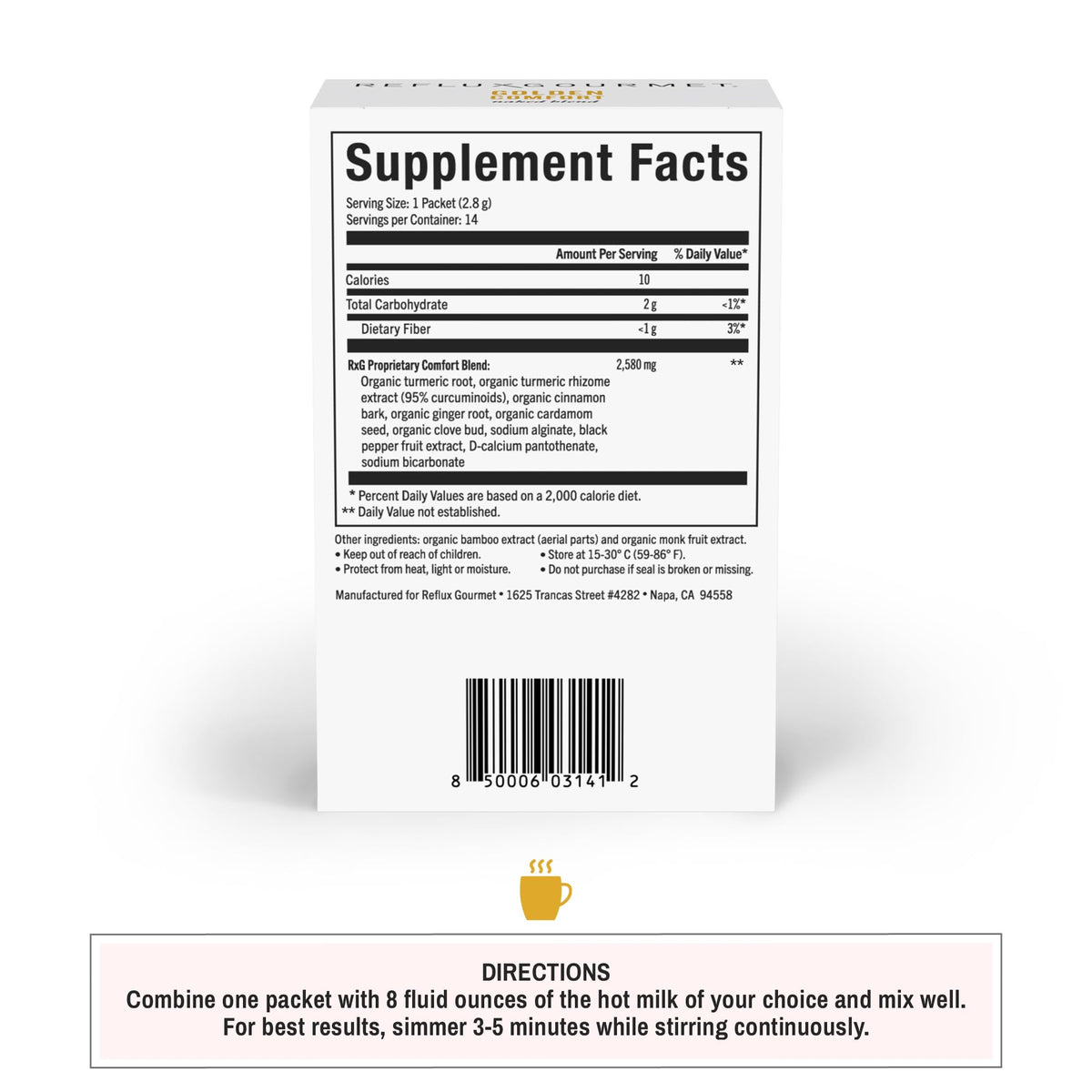 Ingrédients du mélange Golden Comfort incluant curcuma et poivre noir
