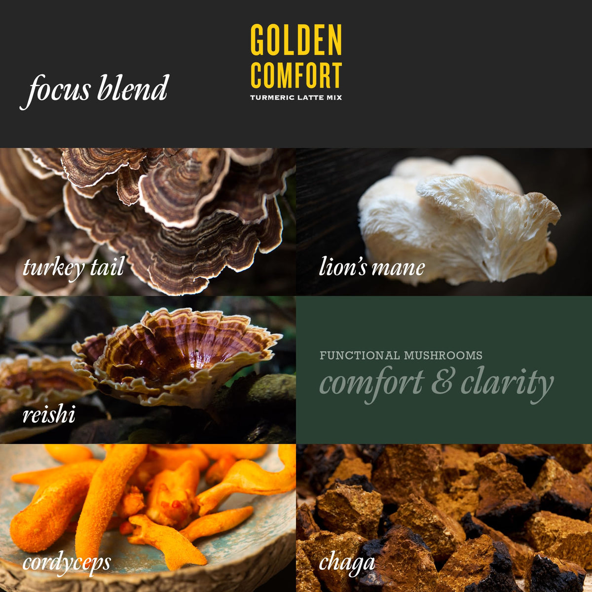 Ingrédients du mélange Golden Comfort sur un fond en bois