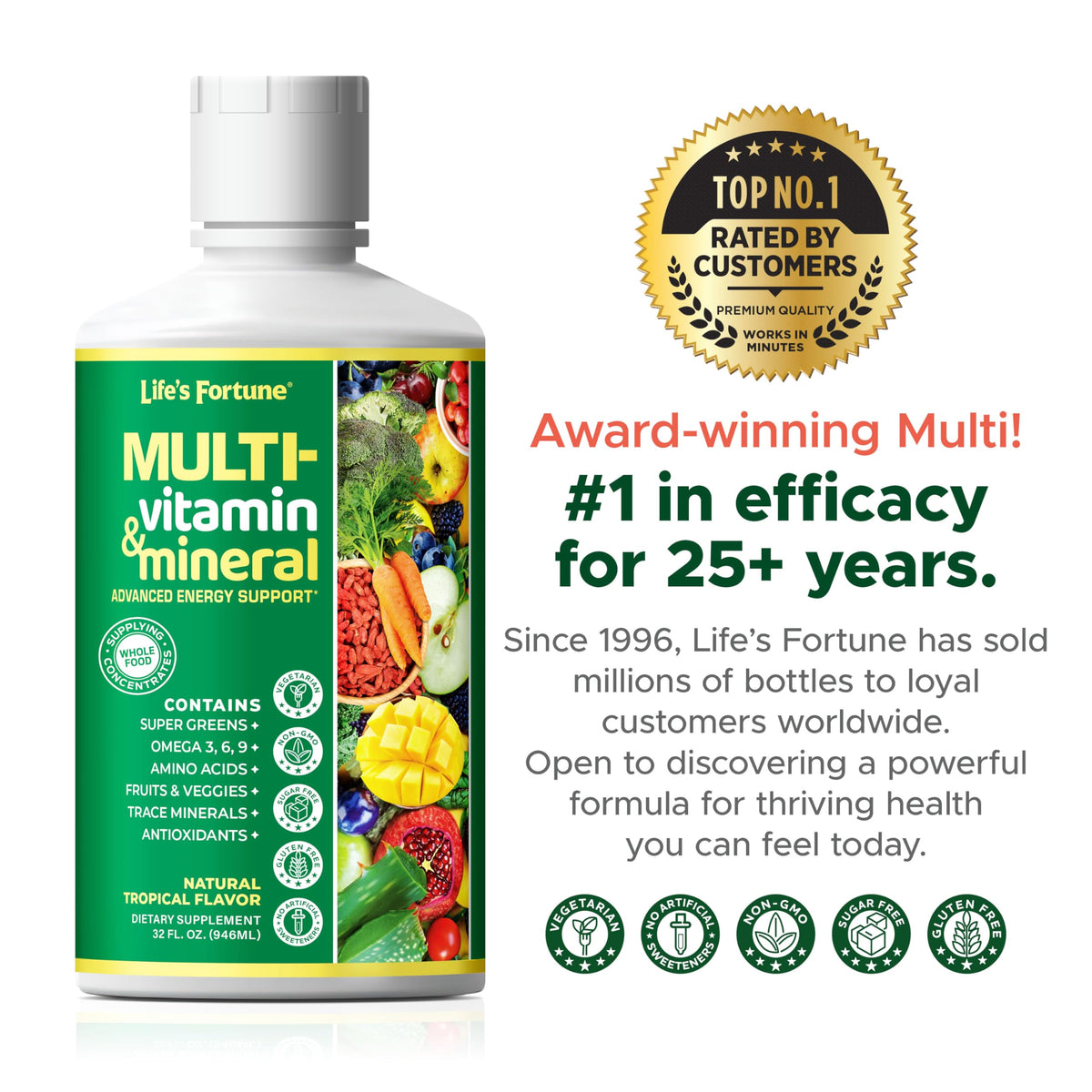 Ingrédients du multivitamine liquide Life's Fortune sur l'étiquette
