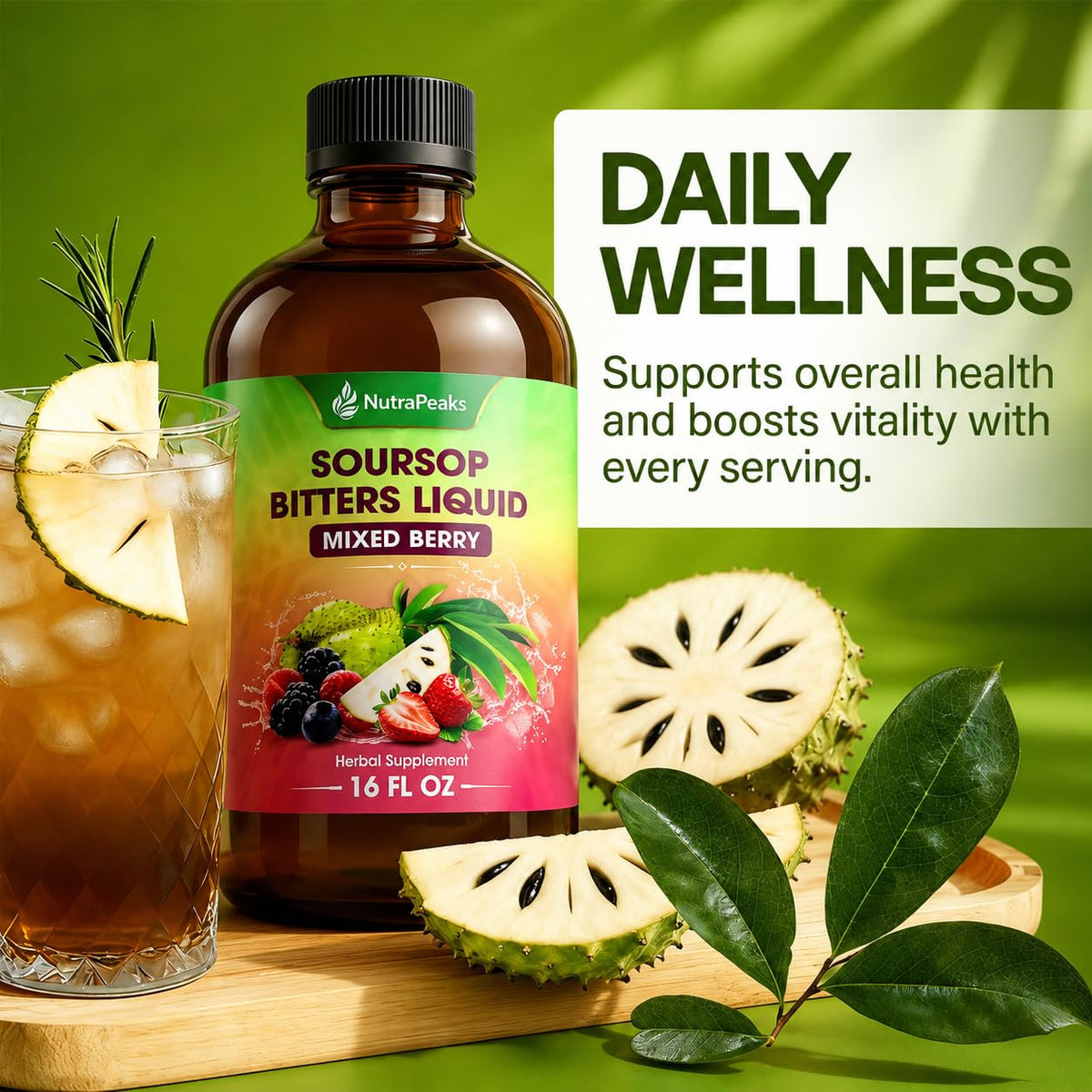 Ingrédients du NutraPeaks Bitters Liquide Soursop sur l'étiquette