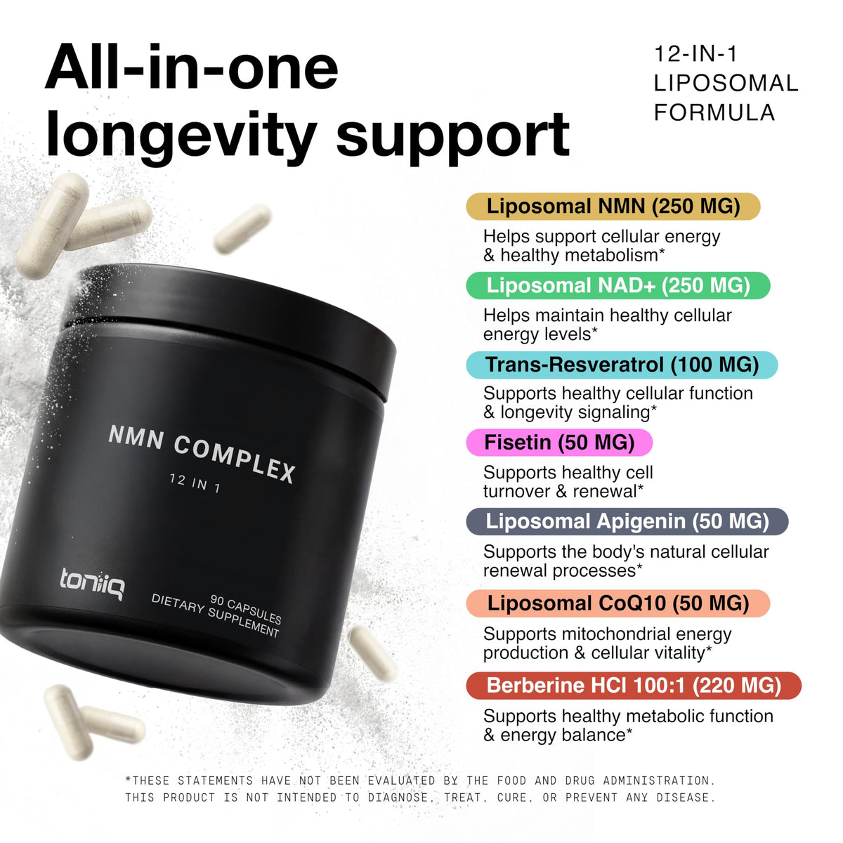 Ingrédients du Toniiq Complex NMN 12-en-1 affichés sur l'emballage