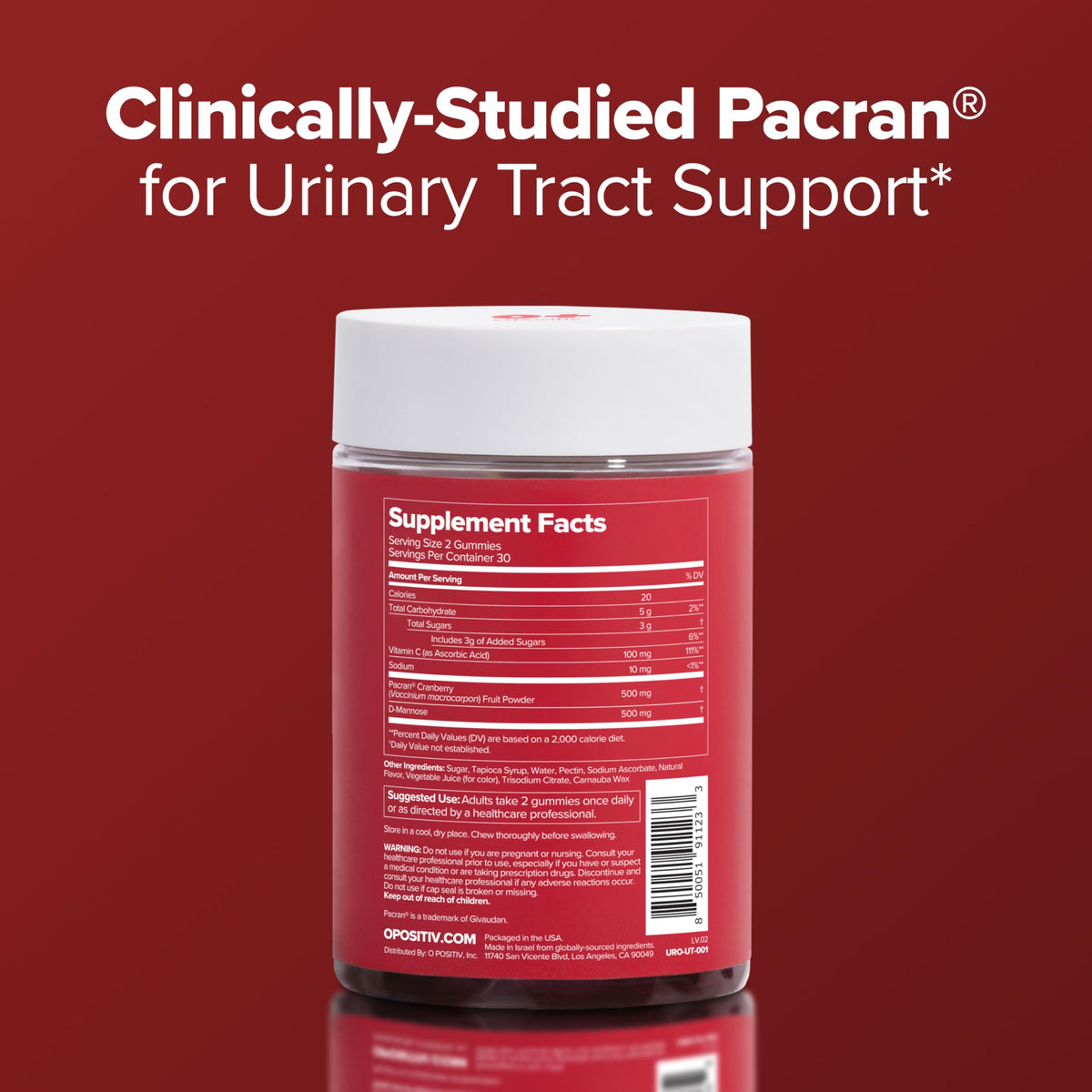 Ingredients list of O Positiv URO Urinary Tract Gummies