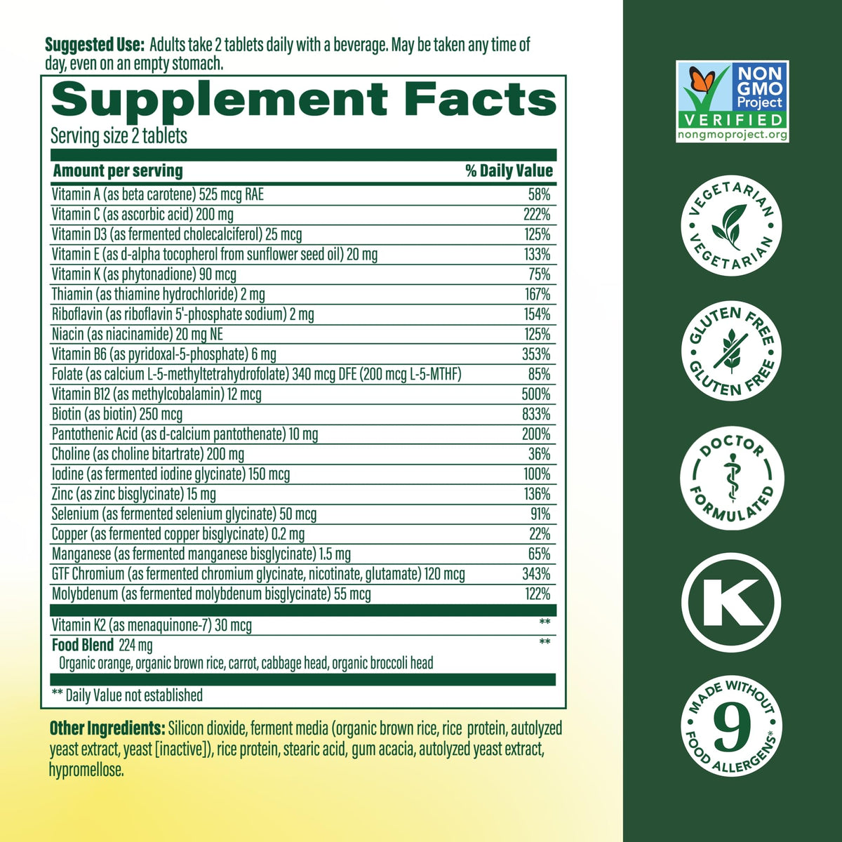 Ingrédients naturels dans la multivitamine avancée MegaFood pour hommes
