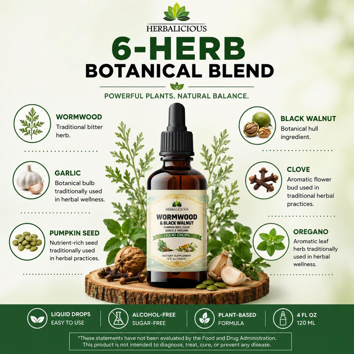 Ingrédients naturels dans le flacon de nettoyage parasitaire HERBALICIOUS