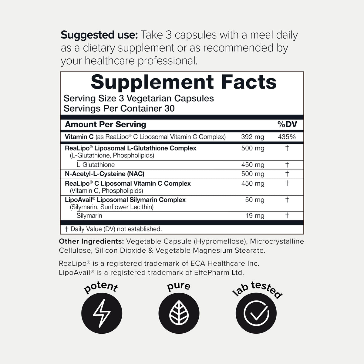 Ingrédients naturels dans le Toniiq Glutathione Liposomal 1500mg