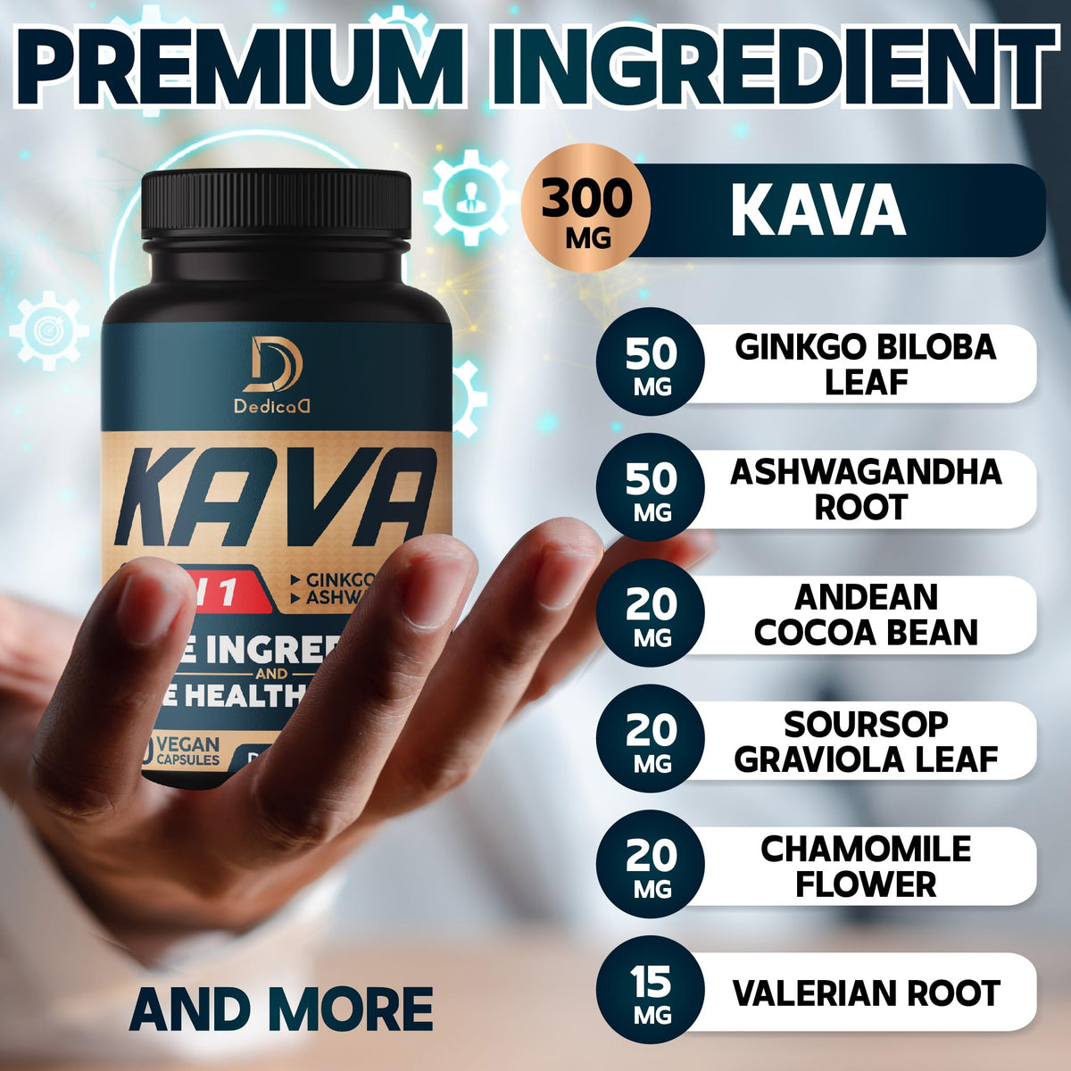 Ingrédients naturels dans les gélules DEDICAD Kava Kava