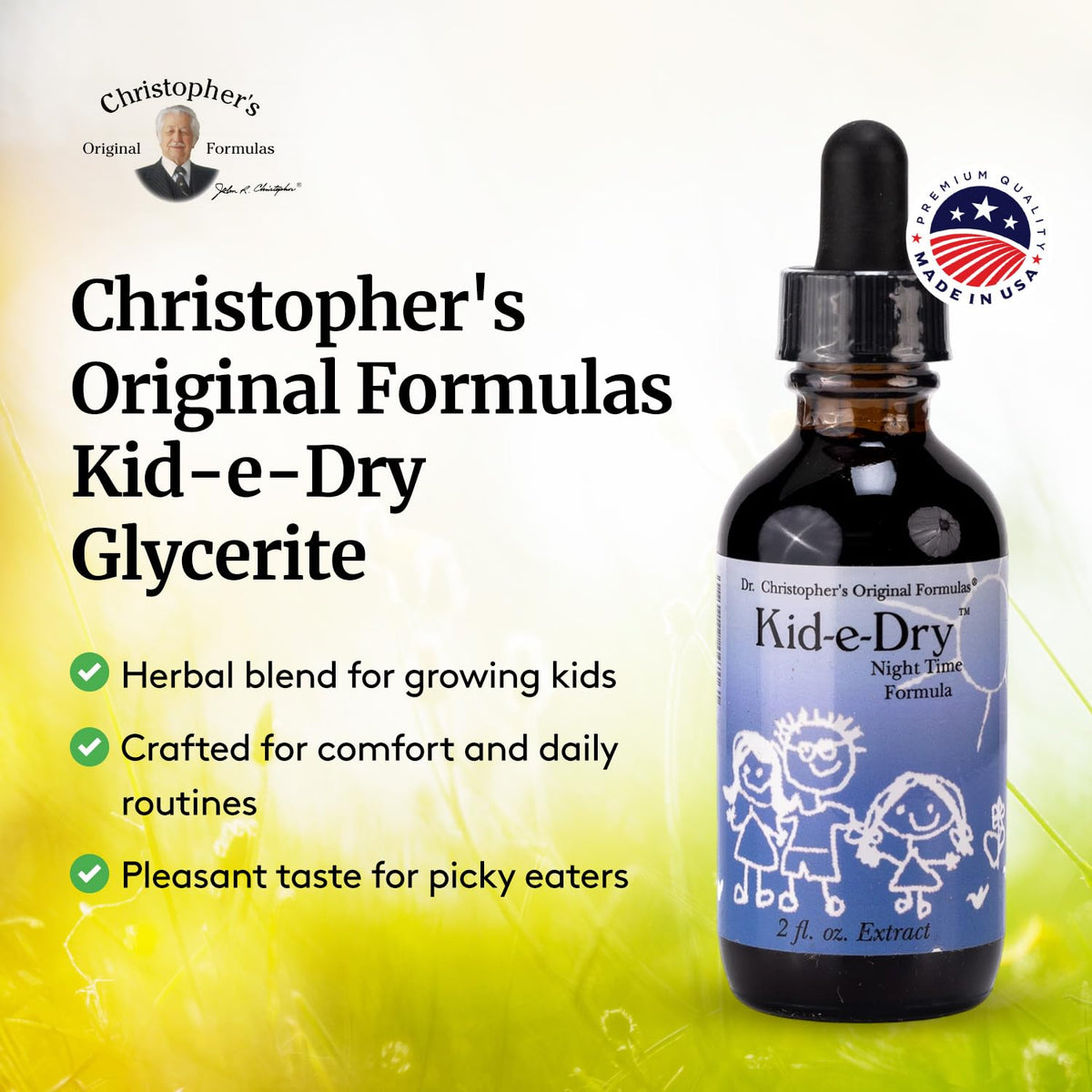 Ingrédients naturels de Kid-e-Dry Glycerite, racine de persil et baie de genévrier