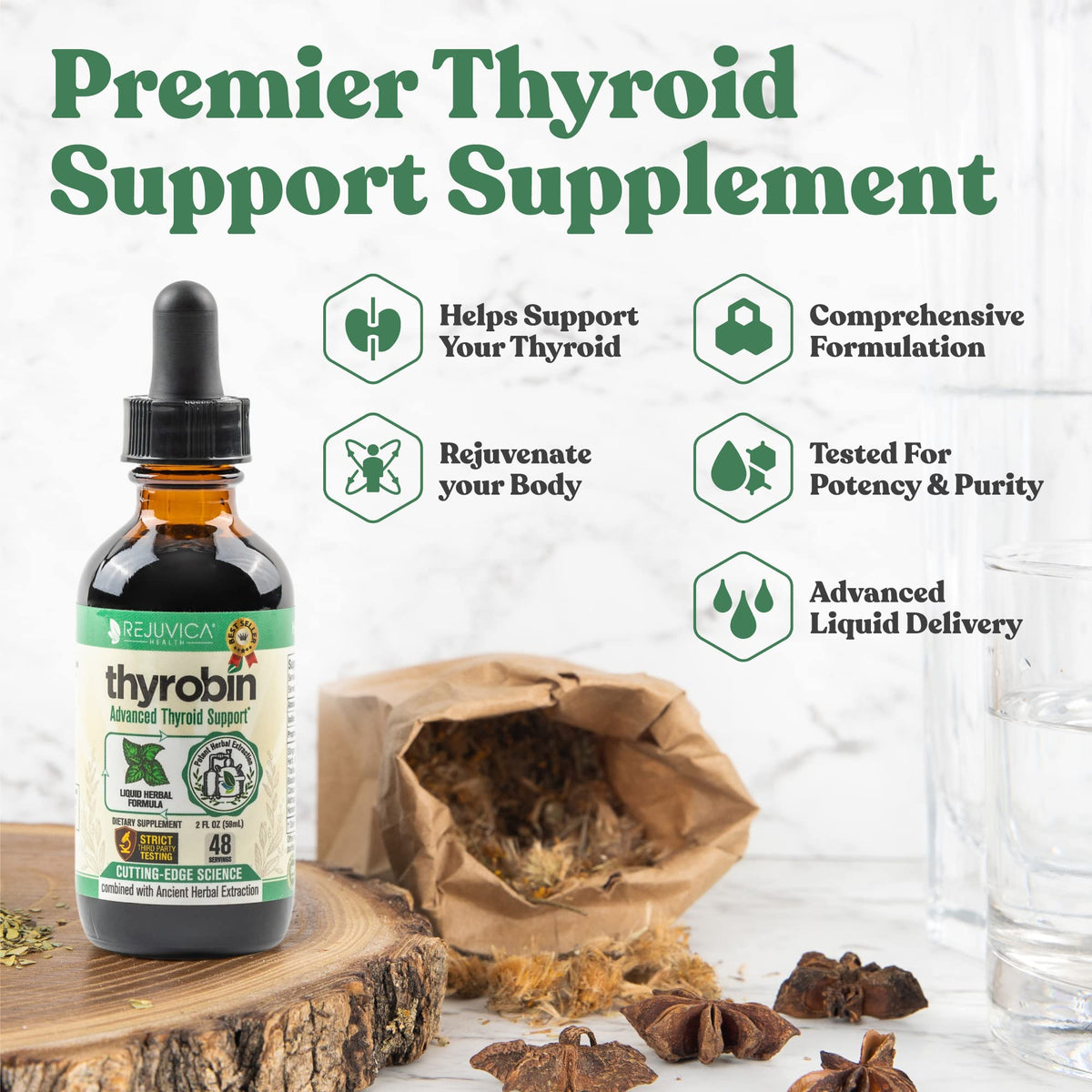 Ingrédients naturels de Thyrobin sur une table en bois