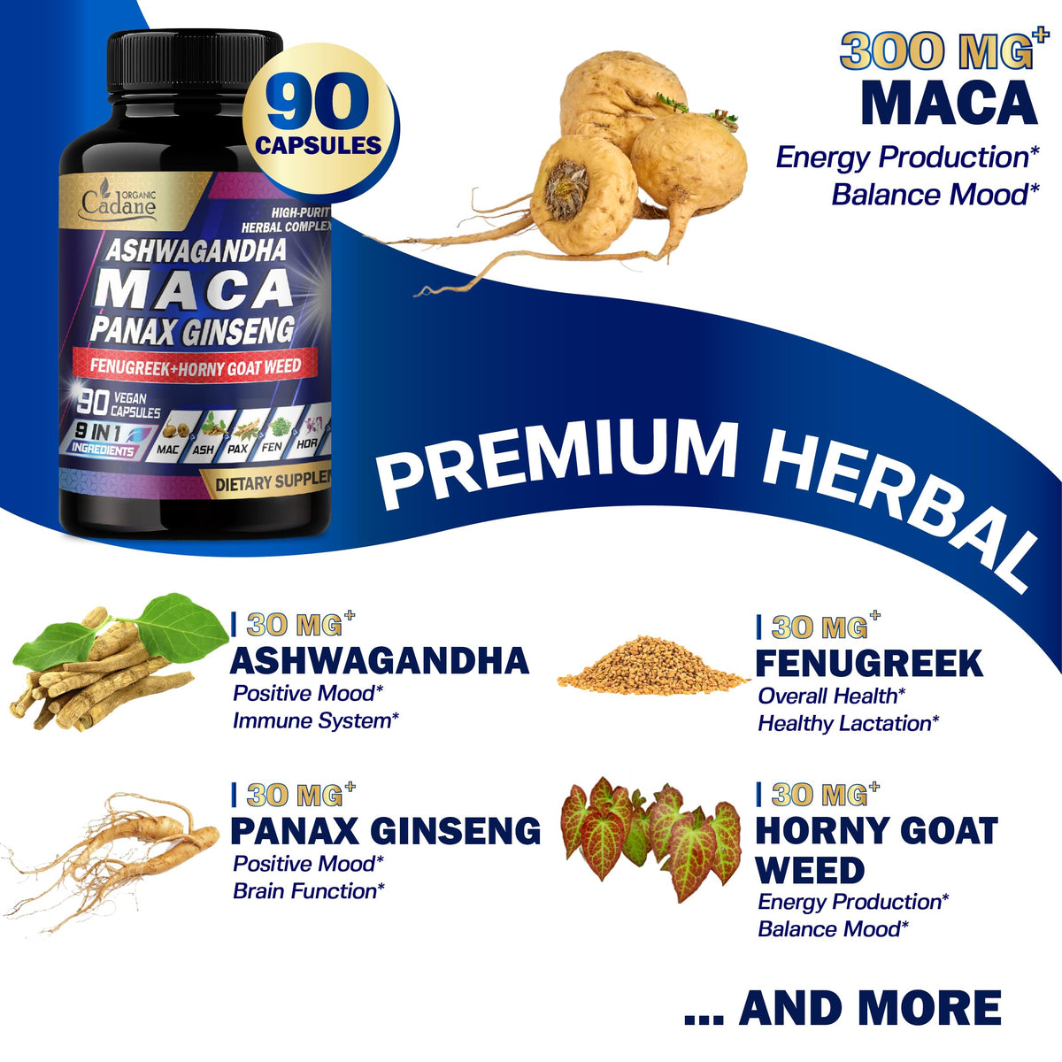 Ingrédients naturels des capsules de Maca Organic Cadane sur une table
