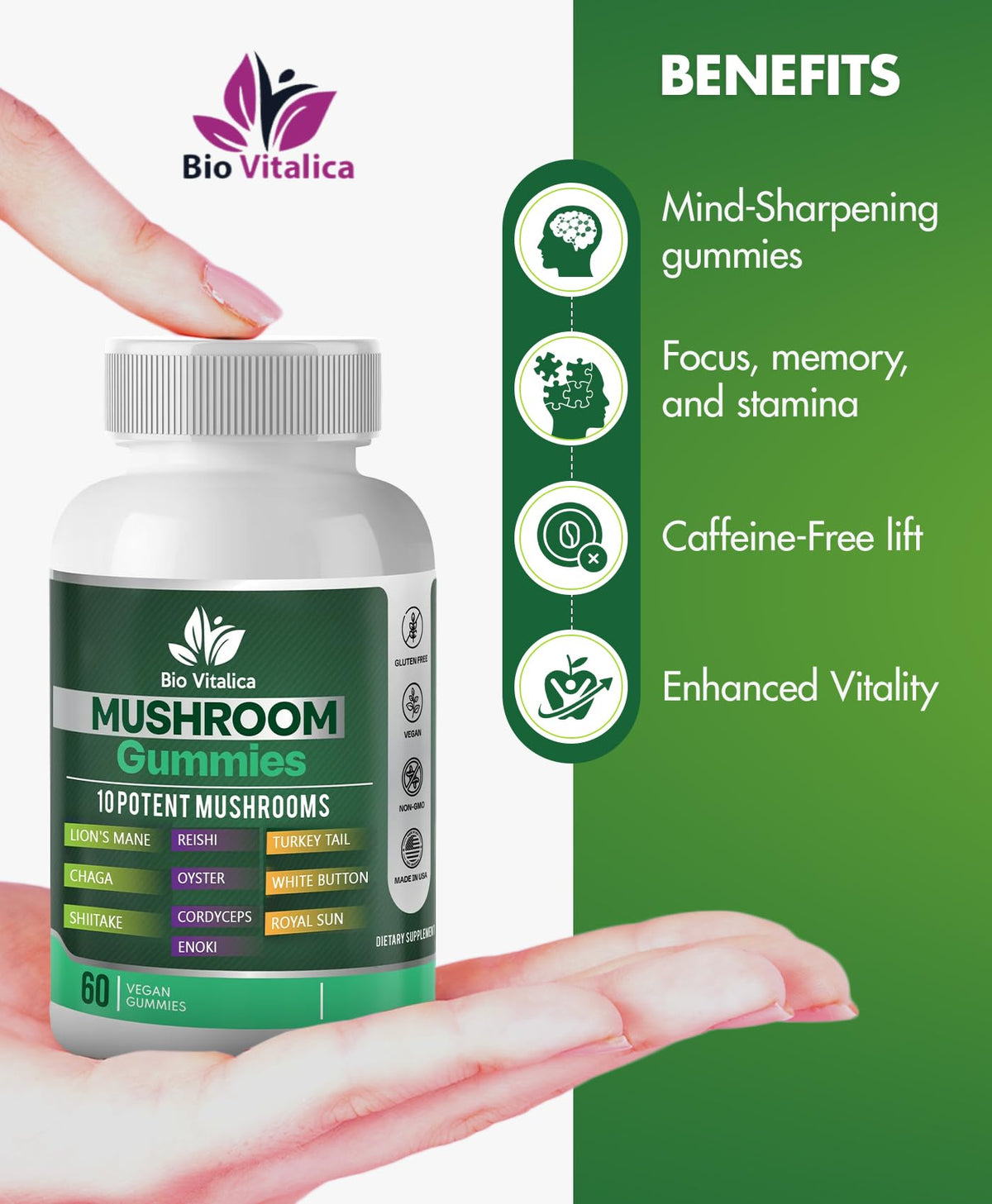 Ingrédients naturels des gummies BIO VITALICA, affichés sur l'étiquette
