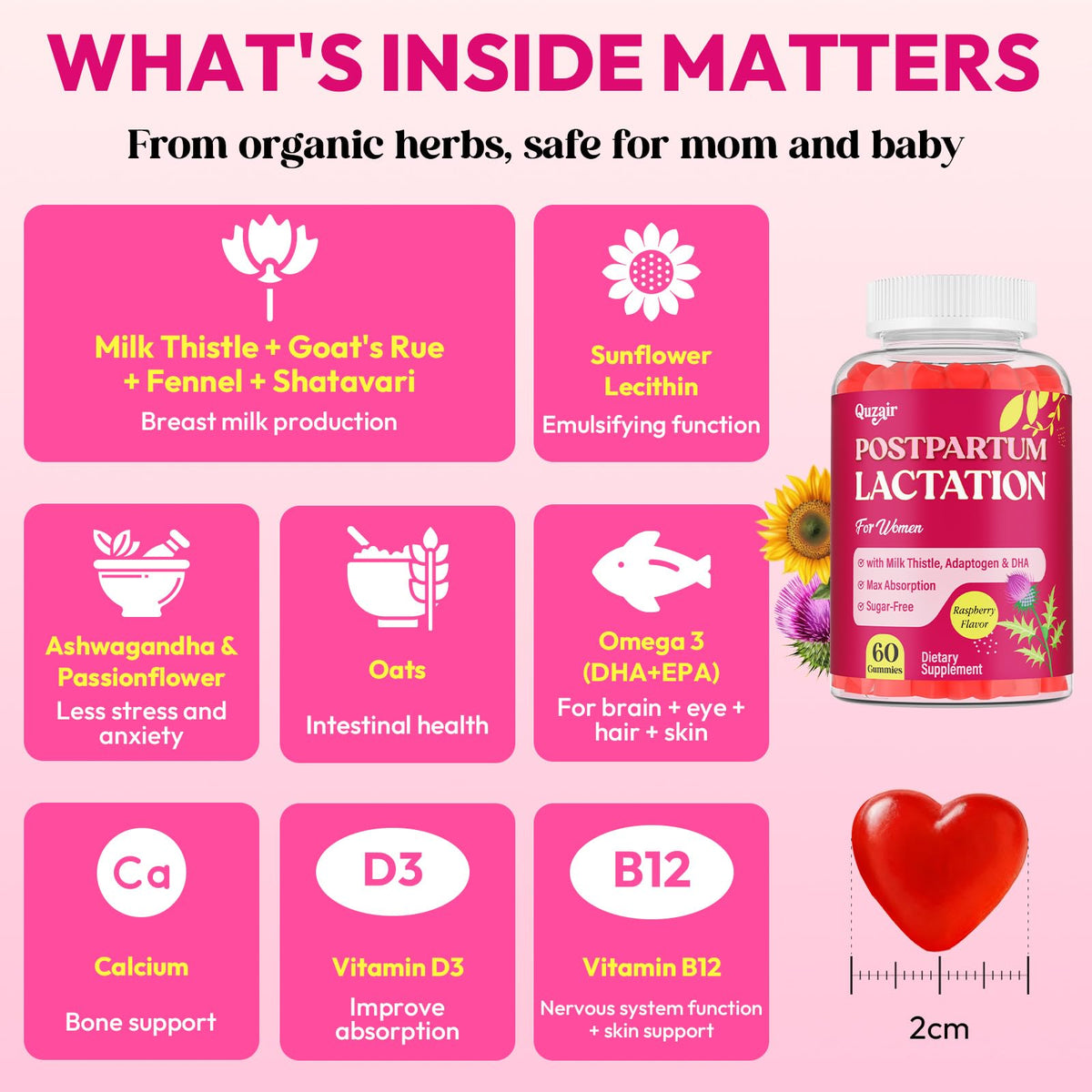 Ingrédients naturels des gummies Quzair sur étiquette