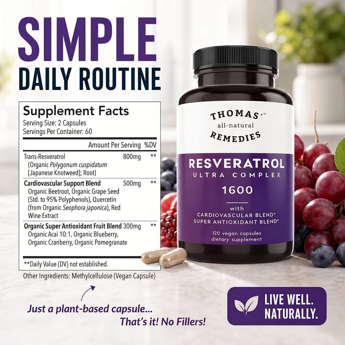 Ingrédients naturels du complément Trans-Resvératrol 1600mg