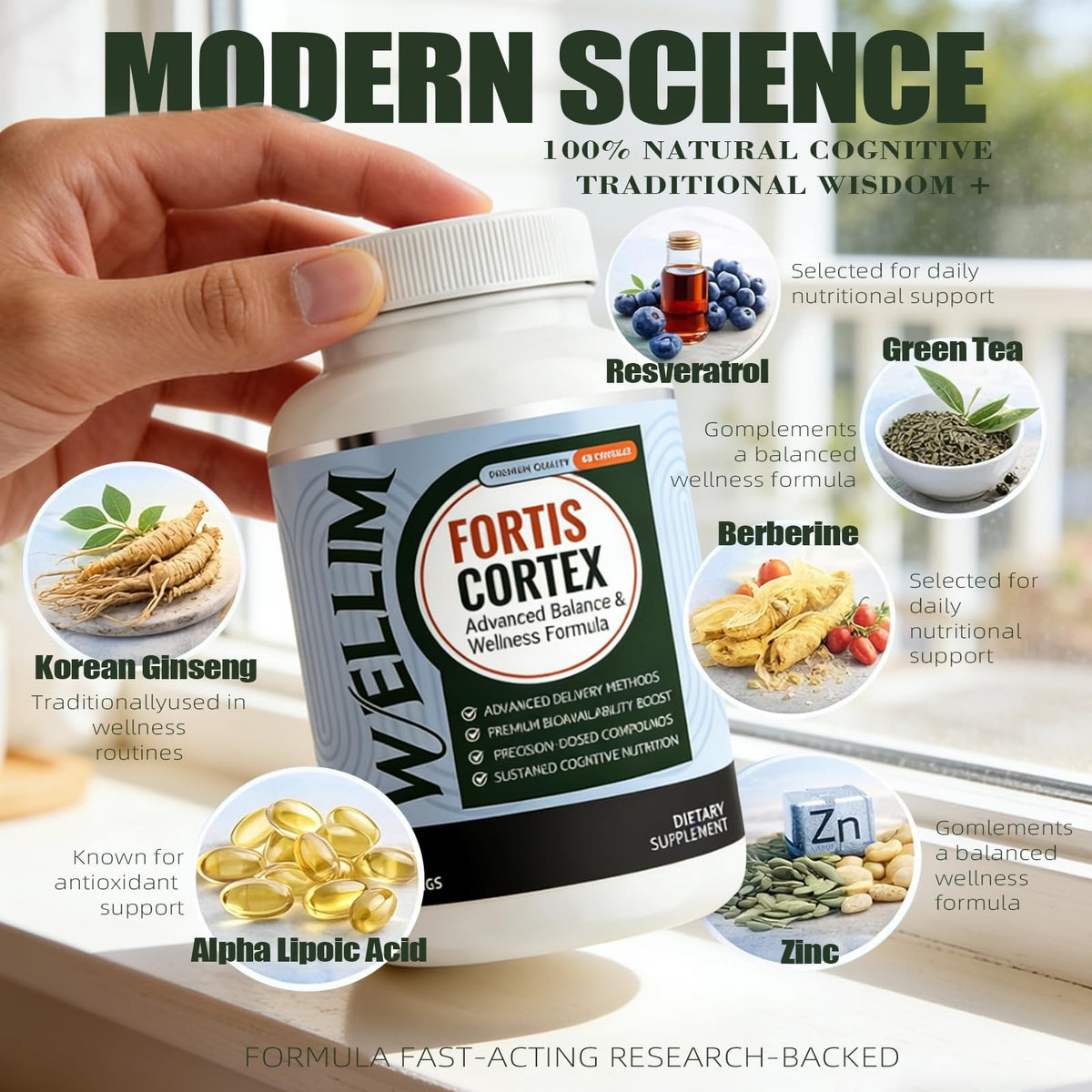Ingrédients naturels du complément Wellim Fortis Cortex FYRKOA