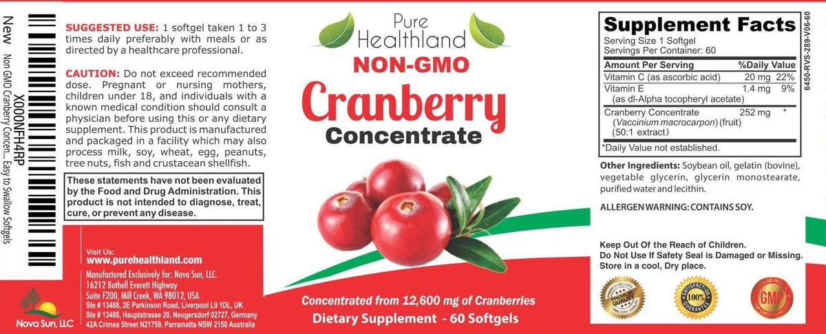 Ingrédients naturels du concentré de canneberge Pure Healthland