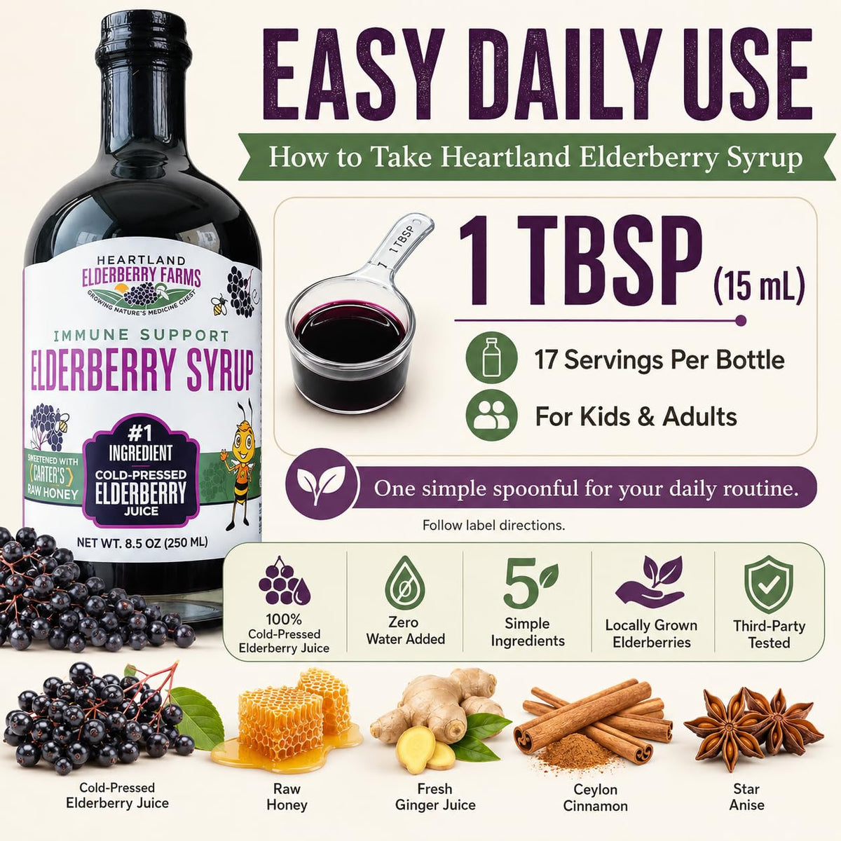 Ingrédients naturels du sirop de sureau bio Heartland