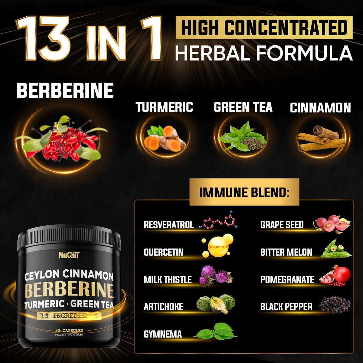 Ingrédients naturels incluant curcuma et thé vert