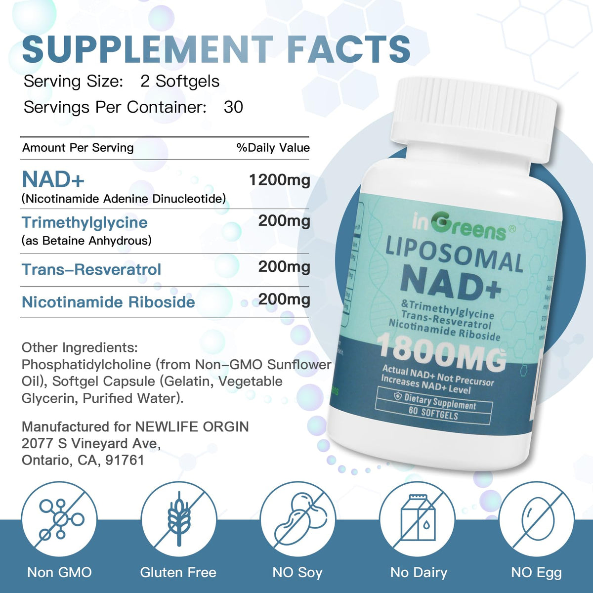 inGreens Complément Alimentaire Liposomal NAD+ 1800 mg 60 gélules emballage