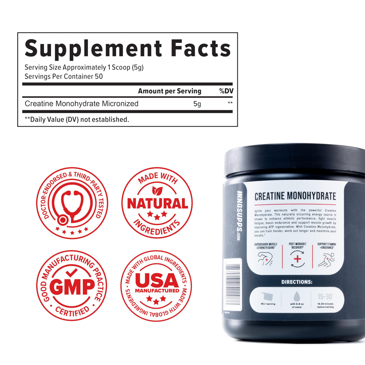 InnoSupps créatine monohydrate en poudre sur une cuillère