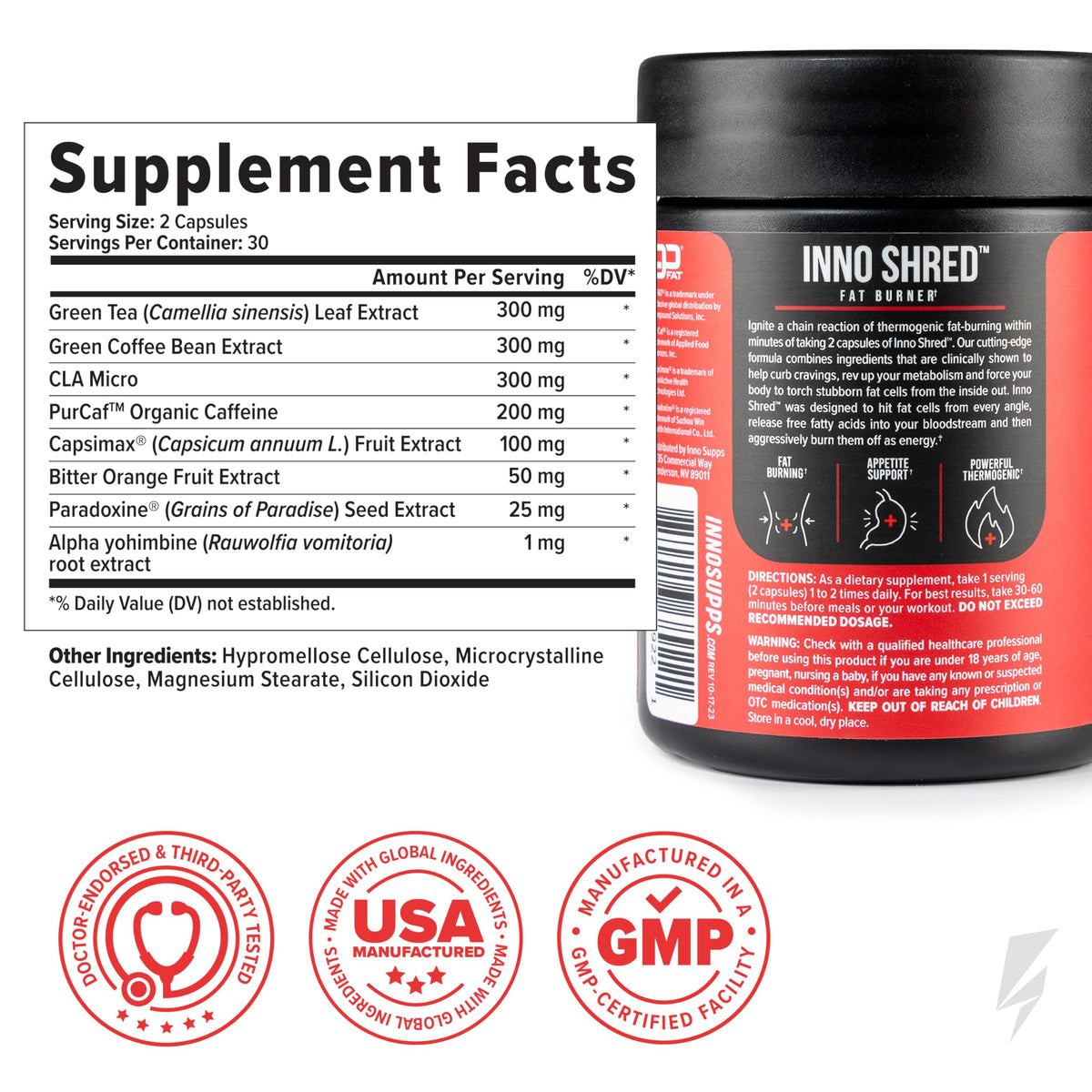 InnoSupps Inno Shred vue arrière de la bouteille montrant les ingrédients