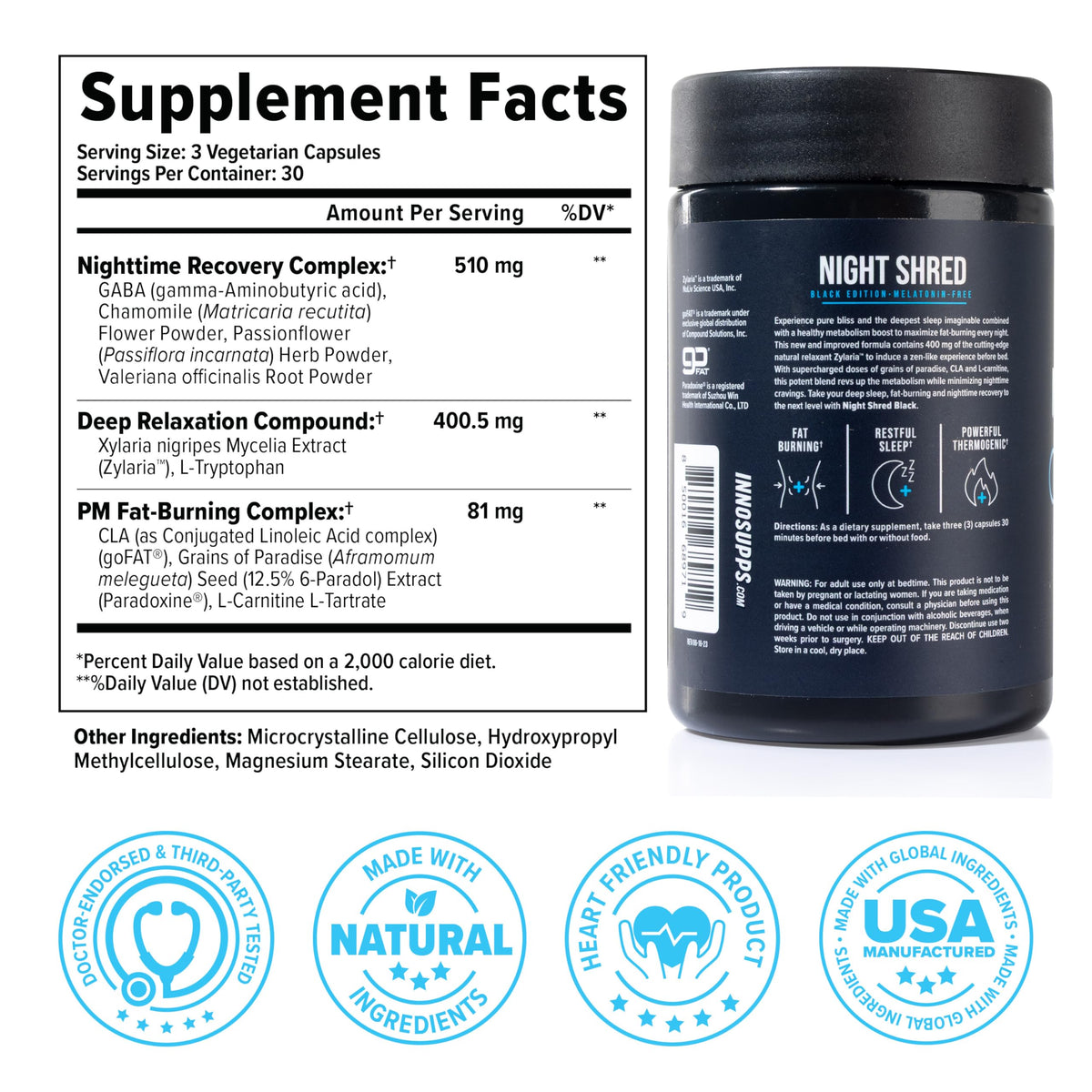 InnoSupps Night Shred emballage ouvert montrant les capsules