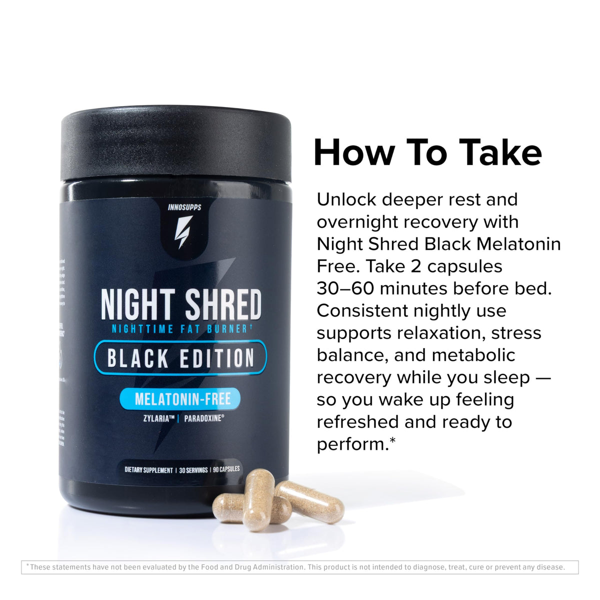 InnoSupps Night Shred sur une table avec d'autres compléments