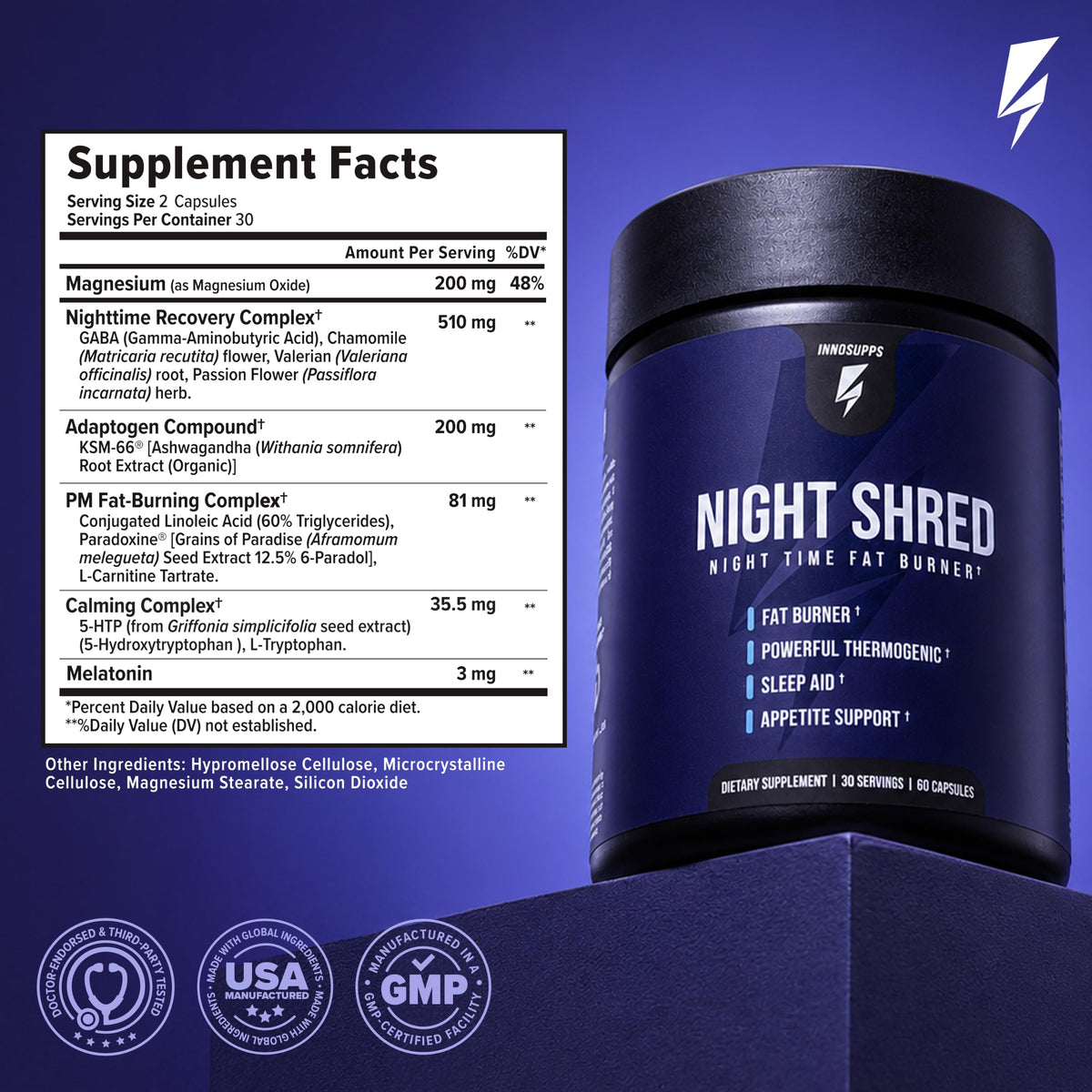 InnoSupps Night Shred sur une table avec un verre d'eau