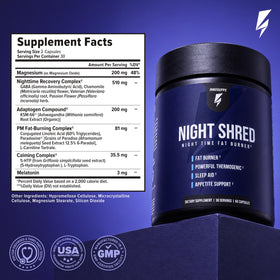 InnoSupps Night Shred sur une table avec un verre d'eau