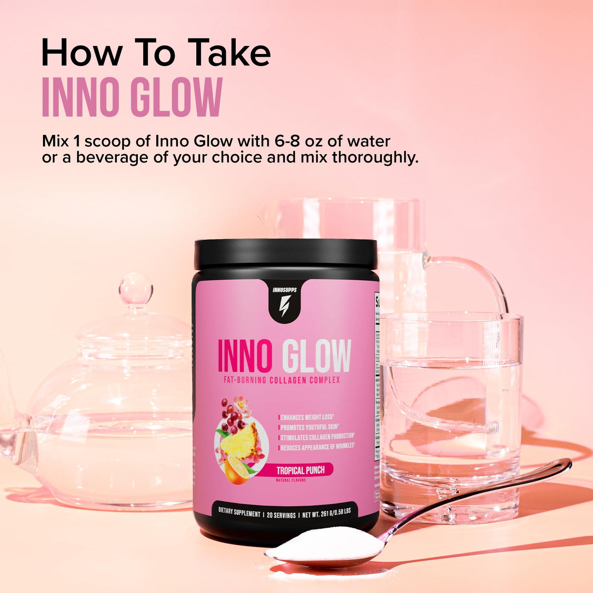 InnoSupps Poudre de Collagène Multi-Collagène 340g avec un verre d'eau