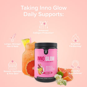 InnoSupps Poudre de Collagène Multi-Collagène 340g sur une table avec des ingrédients