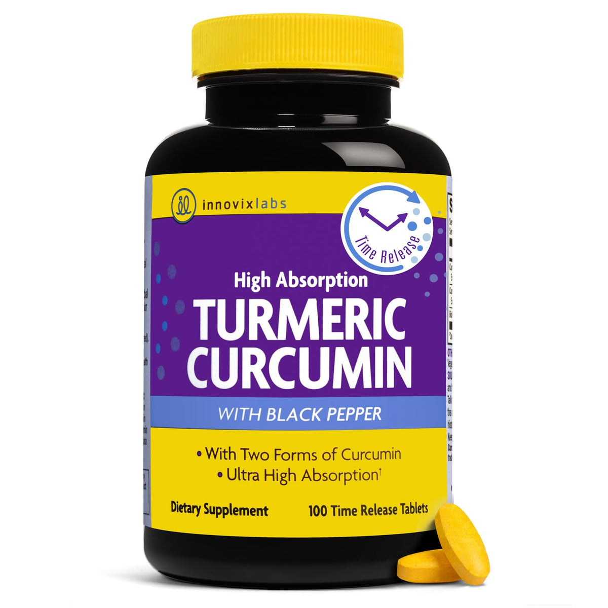 InnovixLabs Curcuma Curcumine 100 comprimés, vue de face