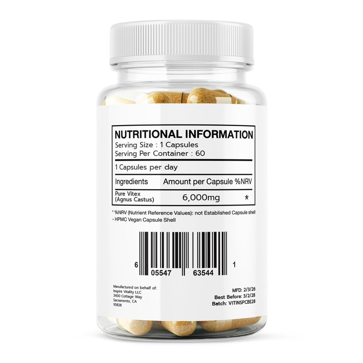 Inspire Vitality LLC Vitex Chasteberry 60 capsules vue arrière