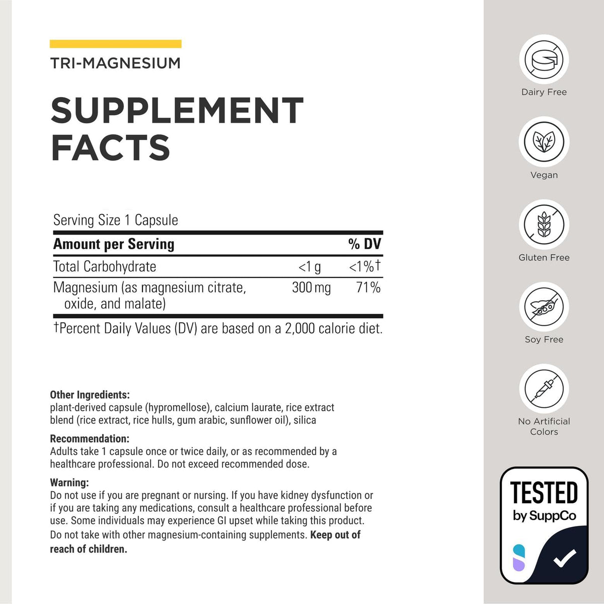 Integrative Therapeutics Tri-Magnesium étiquette détaillant les ingrédients