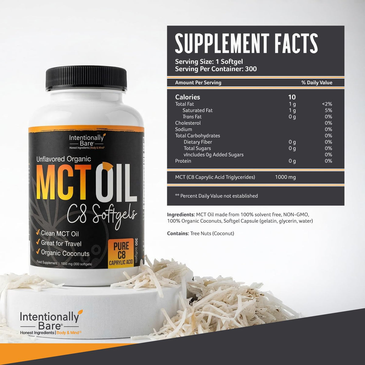 Intentionally Bare Capsules d'Huile MCT Bio C8 300 Softgels à l'intérieur de l'emballage