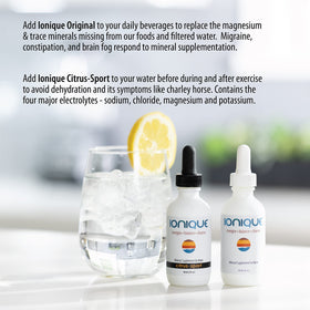Ionique complément minéral 60 ml, gouttes à côté d'un verre