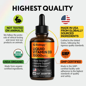 IQ BIOLOGY Vitamine D3 Liquide 10000 IU bouteille sur fond blanc