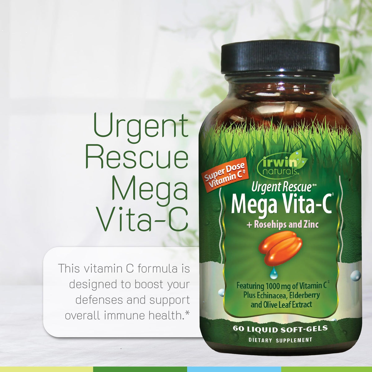 Irwin Naturals Mega Vita-C + Zinc, gélules liquides sur fond blanc