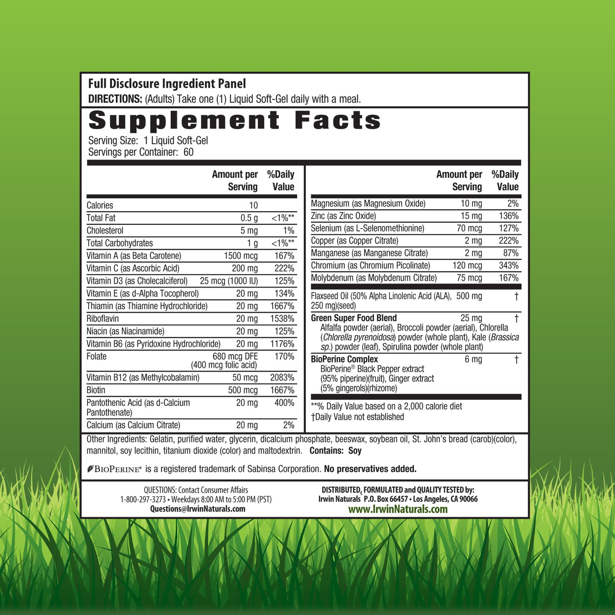 Irwin Naturals Multi-Vitamines Sans Fer 60 Gélules, vue arrière