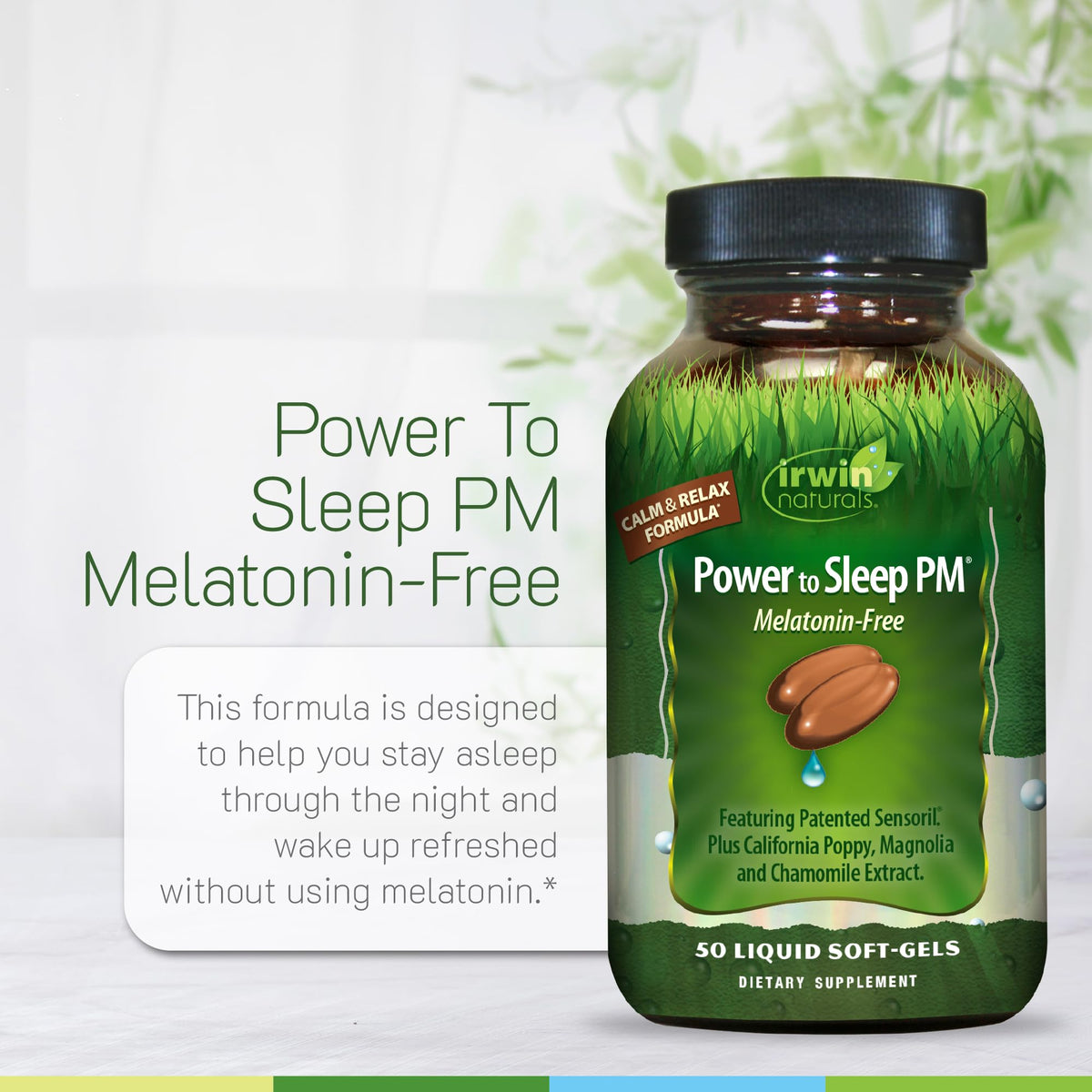 Irwin Naturals Power to Sleep PM 50 gélules liquides, présentation sur une table